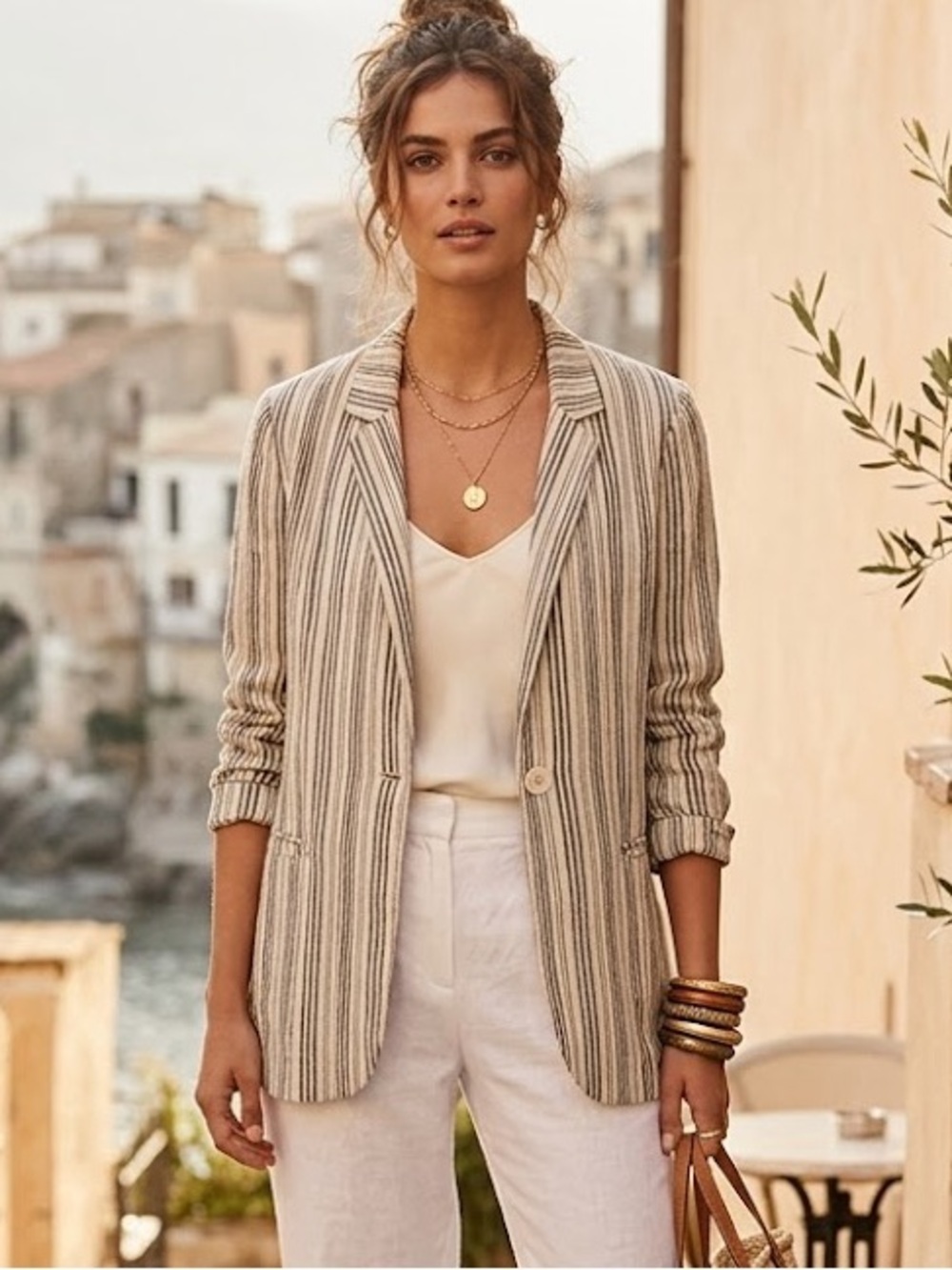 Sanctuary Striped Linen-Blend Blazer in Beige and Black